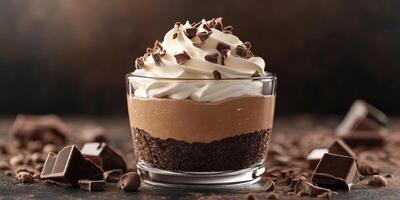 Rich chocolate dessert with layers of cream and cookie crumbles served in a glass dish photo