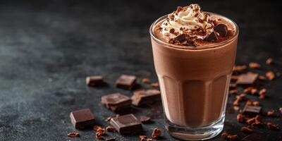 Creamy chocolate drink topped with whipped cream and chocolate shavings on a dark background photo
