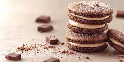 Delicious chocolate sandwich cookies stacked with creamy filling on a neutral background with scattered chocolate pieces photo