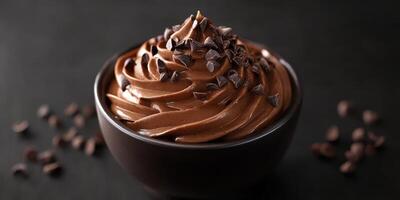 Decadent chocolate mousse topped with chocolate chips in a dark bowl on a black background photo