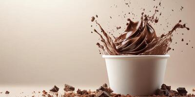 Chocolate swirl dessert captures the moment of rich splashes and creamy texture in a simple white cup against a neutral backdrop photo