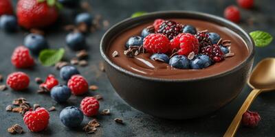 Delicious chocolate mousse topped with fresh berries served in a dark bowl photo