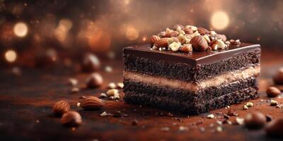 Delicious chocolate dessert topped with nuts on a rustic wooden table during an elegant evening gathering photo