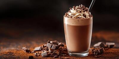 Creamy chocolate drink topped with whipped cream and chocolate shavings in a glass photo