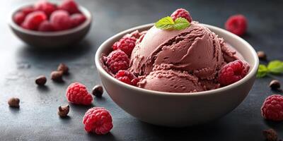 Fresh raspberry ice cream served in a bowl with mint leaves surrounded by berries on a dark table photo