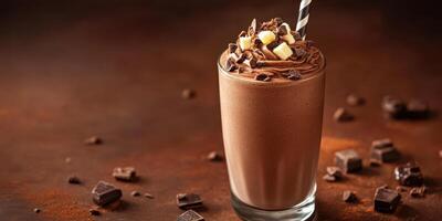 Rich chocolate milkshake topped with whipped cream, chocolate chips, and a straw photo