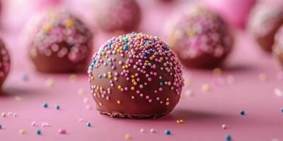 Colorful chocolate truffles with sprinkles on a pink background bring joy to any celebration or dessert table photo