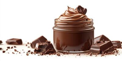 Delicious creamy chocolate mousse served in a glass jar with chocolate pieces scattered photo