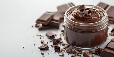 Creamy chocolate spread with broken chocolate pieces on a light background photo