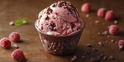 Delicious raspberry chocolate chip ice cream served in a brown bowl surrounded by fresh raspberries and chocolate pieces photo