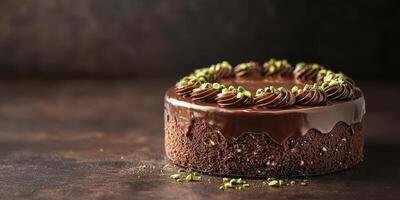Chocolate cake garnished with green nuts served on a dark wooden table in a cozy dessert setting photo