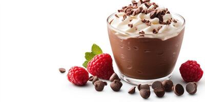 Delicious chocolate dessert topped with whipped cream, chocolate shavings, and fresh raspberries served in a glass cup photo