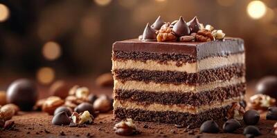 Delicious chocolate layered cake with nuts and chocolate chips on wooden table with warm bokeh background photo