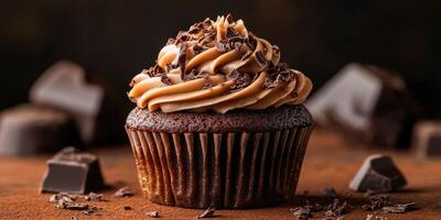Delicious chocolate cupcake topped with creamy frosting and chocolate shavings on a rustic table photo