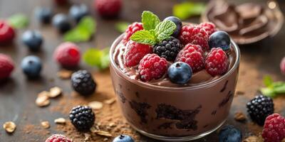 Decadent chocolate mousse topped with fresh berries on a rustic wooden table photo