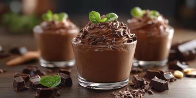 Indulgent dark chocolate mousse garnished with mint leaves on a rustic wooden table photo
