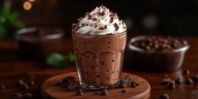 Delicious chocolate milkshake topped with whipped cream and chocolate shavings in a cozy cafe setting during the evening photo