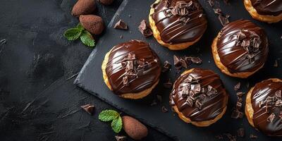 Delicious chocolate desserts arranged on a dark slate surface with mint leaves for a tempting presentation photo
