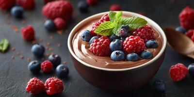 Rich chocolate mousse topped with fresh berries and mint served in a dark bowl on a textured table photo