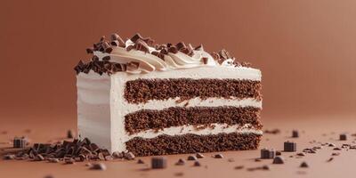 Mouthwatering chocolate layer cake with creamy frosting and chocolate shavings on a brown background photo