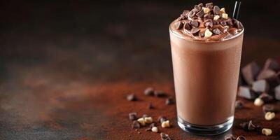 Delicious chocolate shake topped with chocolate chips and nuts on a rustic table setting photo