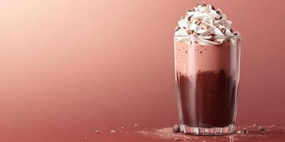 Creamy chocolate drink topped with whipped cream and chocolate shavings showcases dessert indulgence in a stylish glass photo