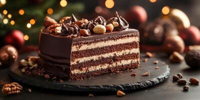 Rich chocolate cake with layers, nuts, and festive decorations on a dark background photo