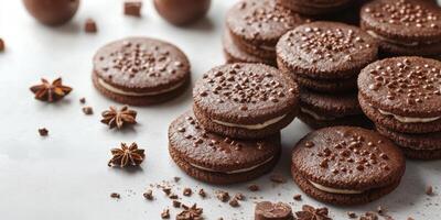 Delicious chocolate cookies arranged artistically on a white surface with decorative elements photo