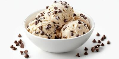 Indulging in creamy vanilla ice cream with chocolate chips served in a white bowl photo