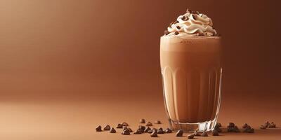Indulgent chocolate milkshake topped with whipped cream and chocolate shavings on a warm background photo
