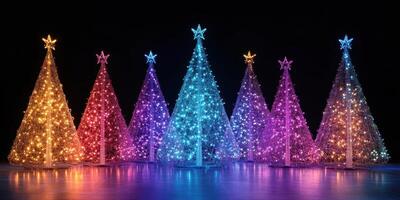 Colorful illuminated Christmas trees creating a festive atmosphere during the holiday season at a celebration venue photo