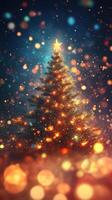 Brightly lit Christmas tree sparkles with festive spirit on a winter evening photo