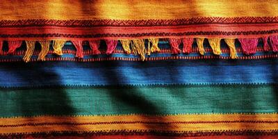 Colorful woven fabric showcasing traditional textile patterns and vibrant hues used in cultural art photo