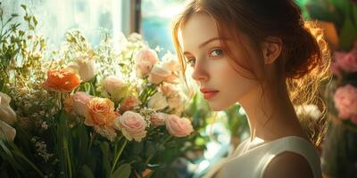 Young woman in a sunlit floral arrangement showcases serene beauty and grace in a vibrant indoor setting photo
