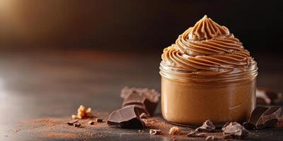 Creamy nut butter in a jar with chocolate pieces and cocoa powder on a dark background photo