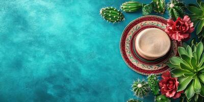 Decorative summer hat surrounded by vibrant flowers and cacti on a turquoise background creates a lively atmosphere for relaxation photo