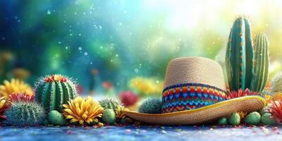 Colorful summer hat rests among vibrant cactus and flowers in a sunlit desert garden photo