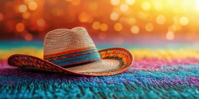 Colorful sombrero resting on vibrant blanket with warm bokeh background during a festive celebration photo