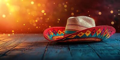 Colorful sombrero resting on rustic wooden surface with sparkling background at a festive occasion photo