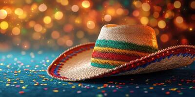 Colorful sombrero with festive decorations on a vibrant surface during a celebration photo
