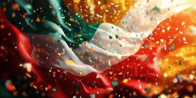 Colorful celebration with confetti and fluttering flag showcasing national pride during a festive occasion photo