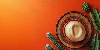 Colorful traditional hat and cacti arranged on vibrant orange background with soft light photo