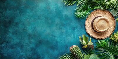 Tropical background with straw hat and lush greenery in vibrant blue tones photo
