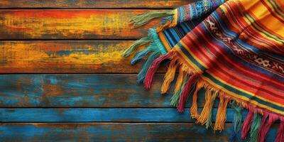 Colorful woven blanket draped over rustic wooden surface showcasing vibrant textiles photo