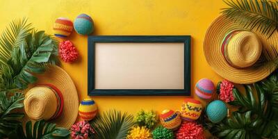 Colorful decoration with sombreros, flowers, and empty frame against a vibrant yellow background photo