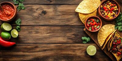 Colorful taco spread on wooden table with fresh ingredients and salsa in bowls photo
