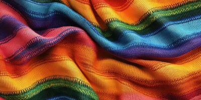 Vibrant multicolored textile draped elegantly on a surface showcasing intricate weaving patterns and rich hues photo