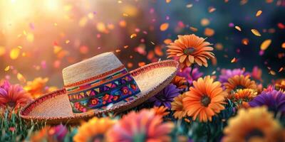 Vibrant sombrero among colorful daisies during a sunny festival in a blooming garden photo
