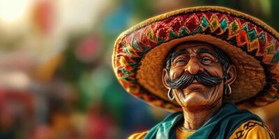 Colorful portrait of a smiling man wearing a traditional sombrero at a festive outdoor gathering in Mexico during the daytime photo