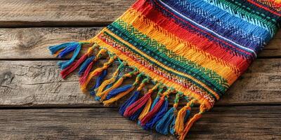 Colorful woven textile with fringe detail on wooden surface showcasing vibrant patterns and craftsmanship in natural light photo